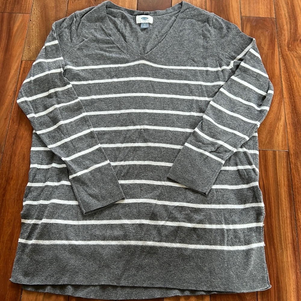 Gray and white striped V-neck sweater size large